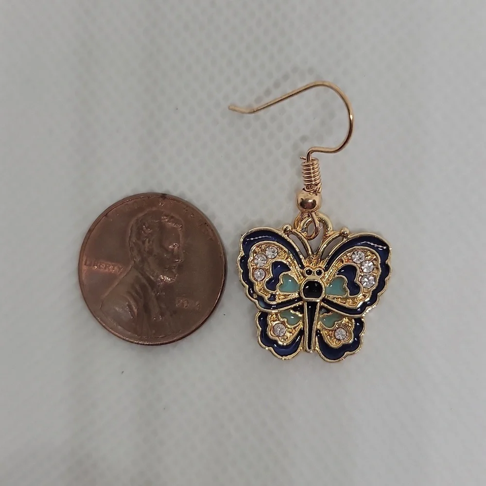 Luxe Blue Butterfly Dangle Earrings Gold Tone Luxe Sparkle Faux Stone New